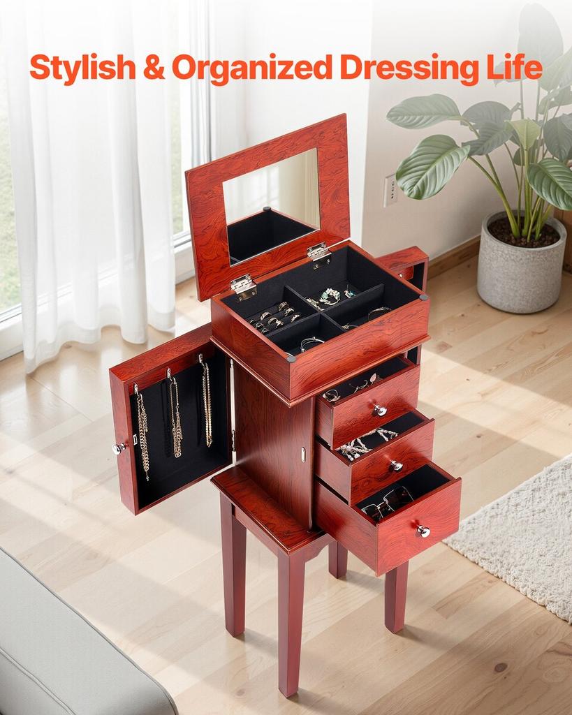 Jewelry Cabinet Armoire, Standing Wood Jewelry Storage Chest with 3 Drawers, Flip Top Mirror, 4 Top Storage Compartments, Zinc Alloy Handles, 2 Side