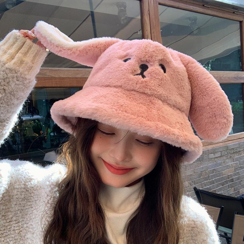 Sweet Cute Rabbit Ears Hat Women's Fashion Plush Bucket Bucket Hat Outdoor Warm Ear Protector