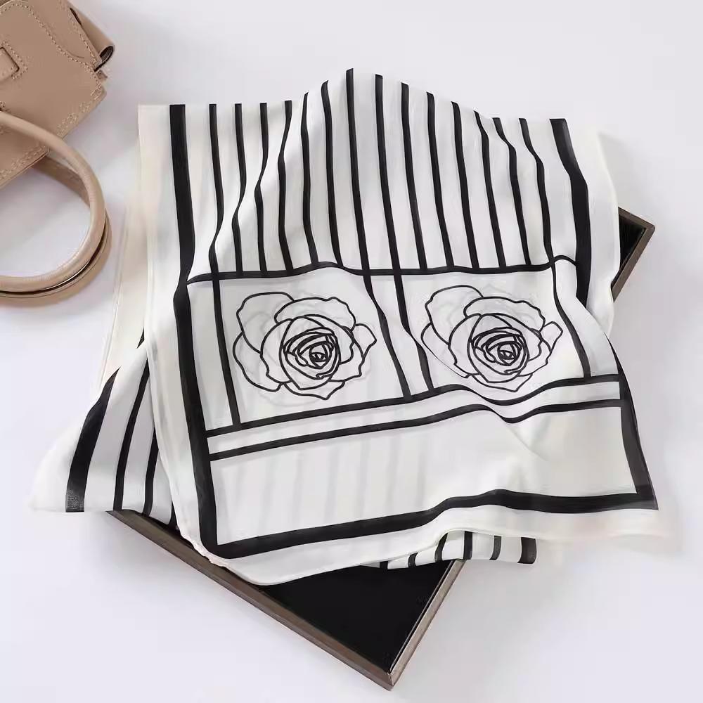 Fashion new long silk scarf women's Korean version line printing simulation silk medium length thin scarf sunscreen shawl
