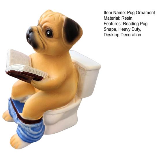 Pug Sitting On Toilet Figurine Reading Book Dog Resin Statue Puppy Animal Sculpture