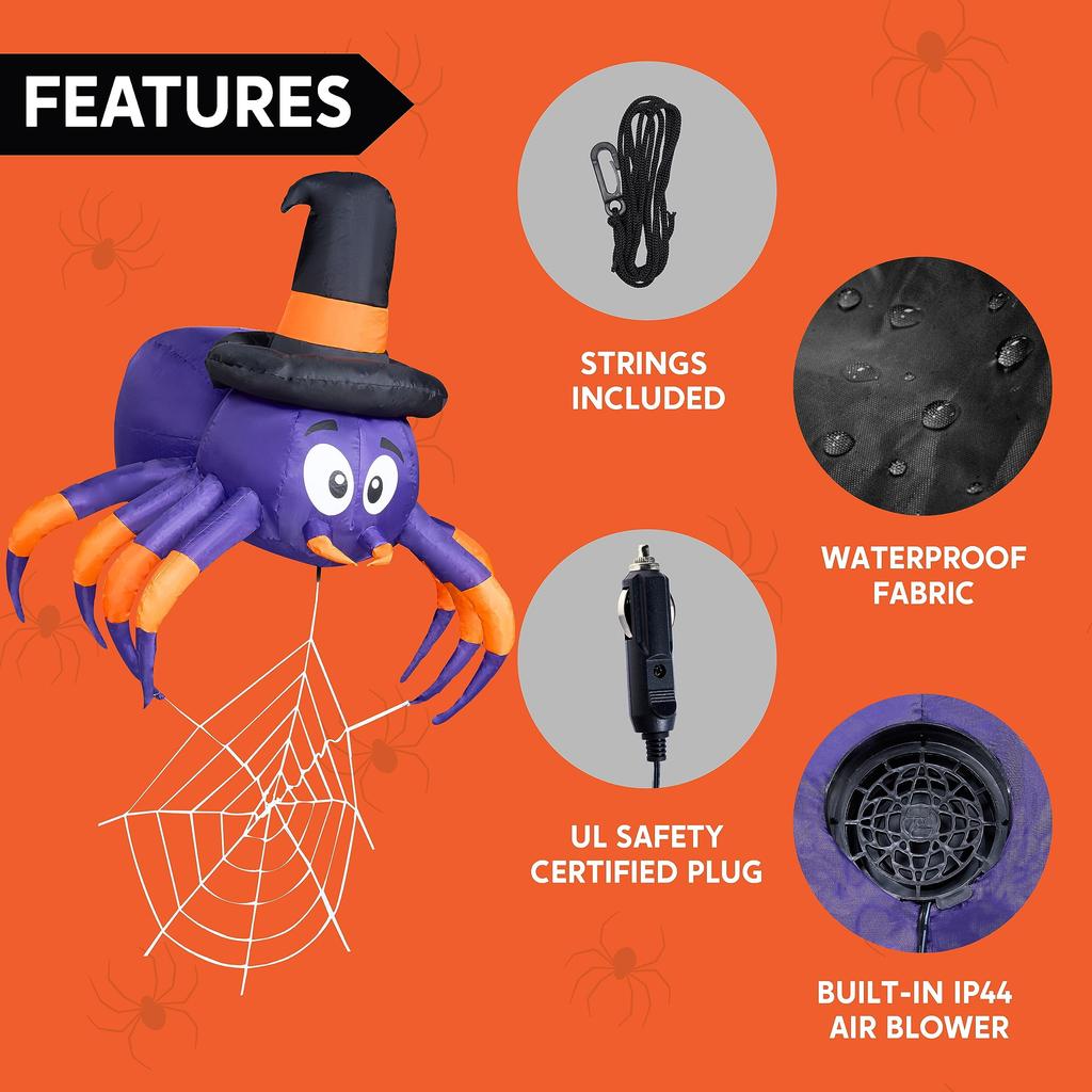 Joyfy 5 футов Хэллоуин Надувной Паук Украшение Набор для Украшения Машины Trunk or Treat со Встроенной Светодиодной Подсветкой для Вечеринки на Хэллоуин