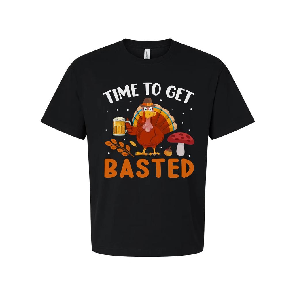 Time To Get Basted Thanksgiving Unisex Graphic T Shirt With Cartoon Turkey And B