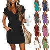 Women's Summer V-Neck Short Sleeve Drawstring With Pocket Solid Color Casual Dresses