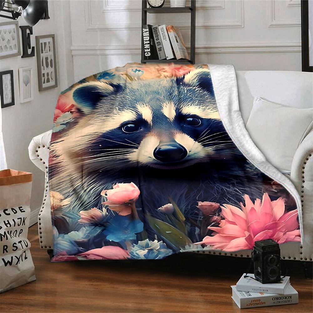 1pc Raccoon Flowers Print Blanket Lightweight Flannel Throw Blanket For Sofa, Bed, Living Room, Office, Outdoor Travel, Camping