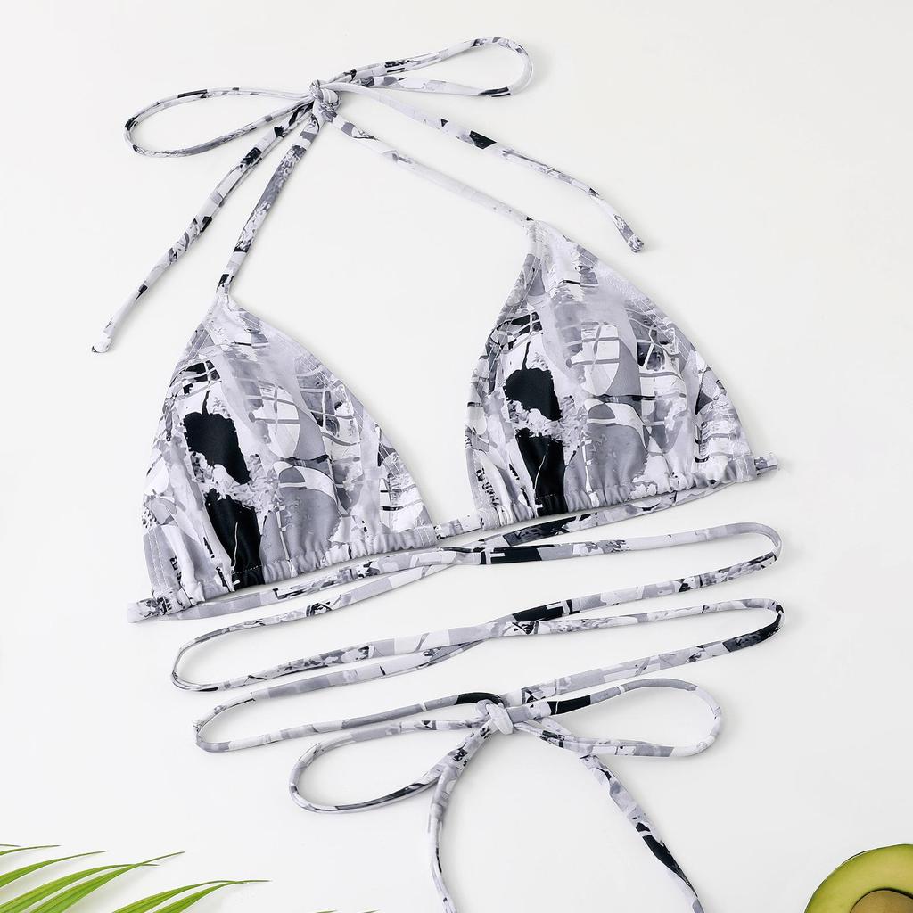 Купальник женский, разделенный комплект из трех предметов, с высокой талией, с кулиской и принтом, с длинными рукавами и круглым вырезом, на шнуровке, бикини, костюмы