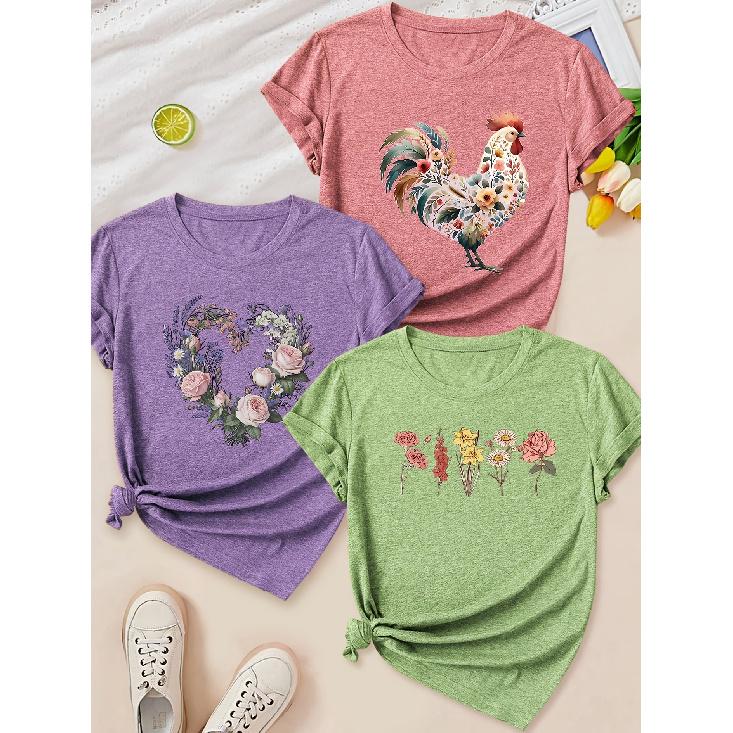 Floral Rooster Heart Floral Print Round Neck Three Piece Short Sleeve Women Elegant Three Seasons Gift Set