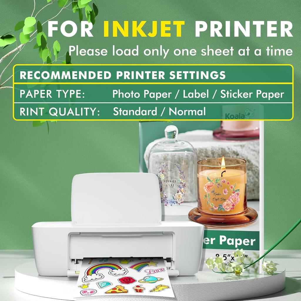 Koala Clear Sticker Paper for Inkjet Printers -Crystal Clear Non-Waterproof Glossy Printable Vinyl Sticker Paper 8.5x11 Inch 18 Sheets