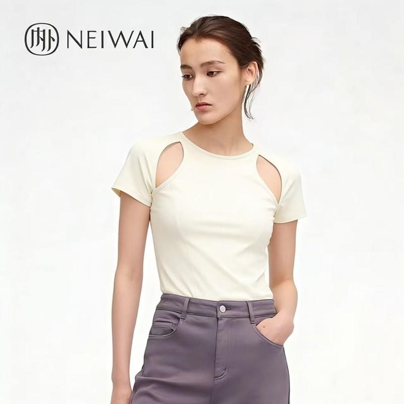 NEIWAIAJL hollowed out shoulder sports slim fit short sleeved T-shirt