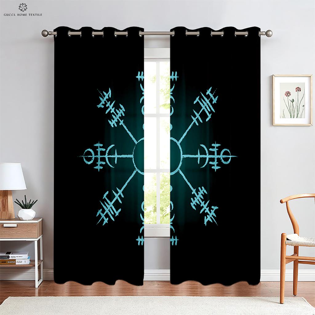 Шторы с геометрическим рисунком рунического щита и созвездия, черные шторы, для гостиной, на открытом воздухе, для спальни, кухни, для окна, 2 шт.