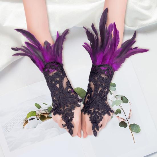 Women's Feather Wrist Cuffs Gothic Lace Feather Long Fingerless Gloves
