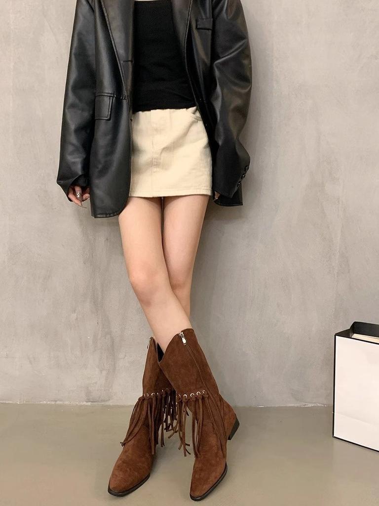 Fashion Elegant with Low Heels Pointed Toe Tassel Half High Boots for Women Spring Autumn Mid Calf Shoes Woman Large Size Hot Chic Boot