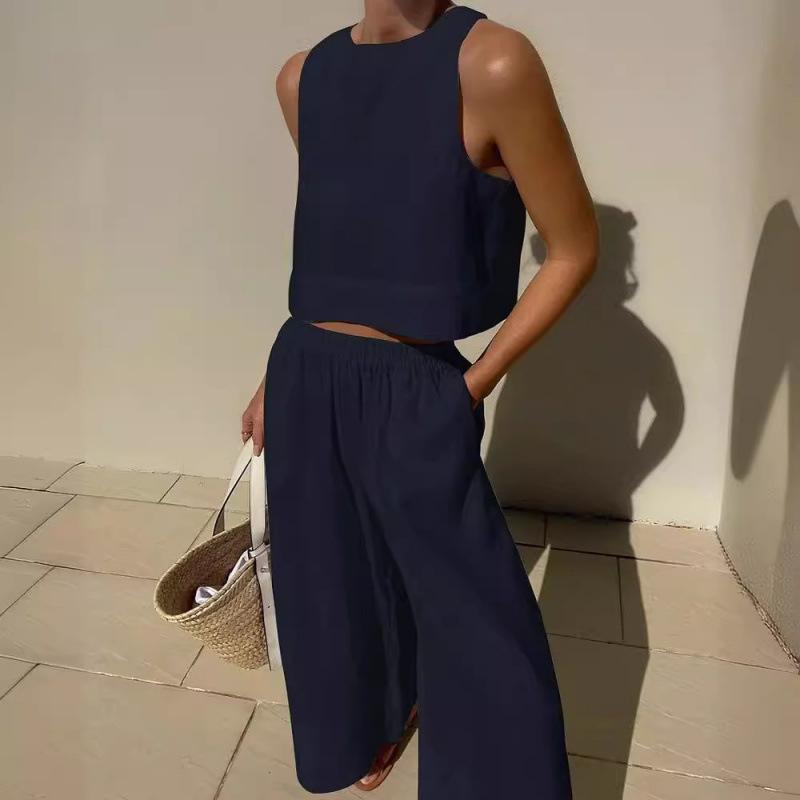 Летний женский комплект из хлопка и конопли, рубашка без рукавов с круглым вырезом, завязка на талии, широкие брюки, спортивный комплект из двух предметов
