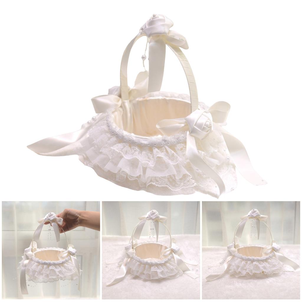 Lace Ruffles Wedding Baskets Bowknot Flower Baskets for Wedding Ceremony Wedding Flower Girl Basket with Flower Handle