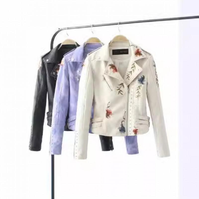 Womens Embroidered Rivet Faux Leather Jacket Slim Fit Biker Style Coat
