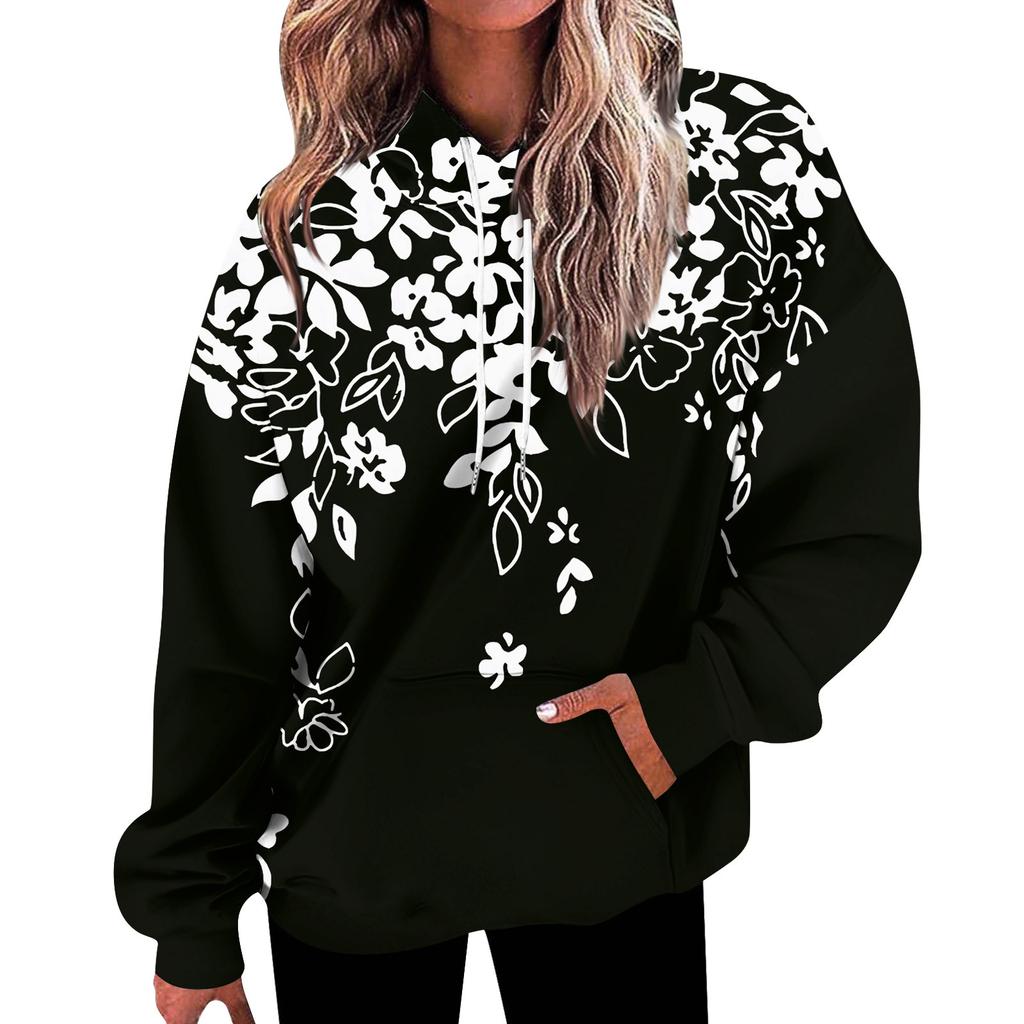 Женская мода, свободная повседневная толстовка с длинным рукавом и цветочным принтом, толстовка с принтом листьев, топ