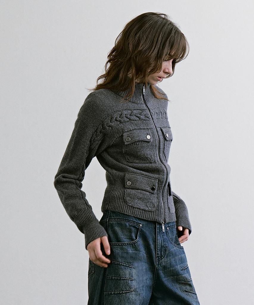 TREEMINGBIRD 4-Pocket Knit Zip-Up [ Gray ]