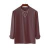 New Men's Loose Solid Color Drawstring Long Sleeve Shirt Cotton Hemp Collar Men's Shirt