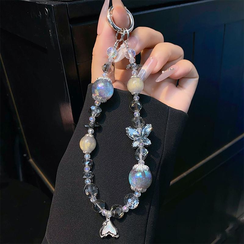 Ins Style Mermaid Pendant Beaded Phone Charm Y2K Butterfly Phone Chain Anti Lost Wrist Lanyard Keychain Gifts