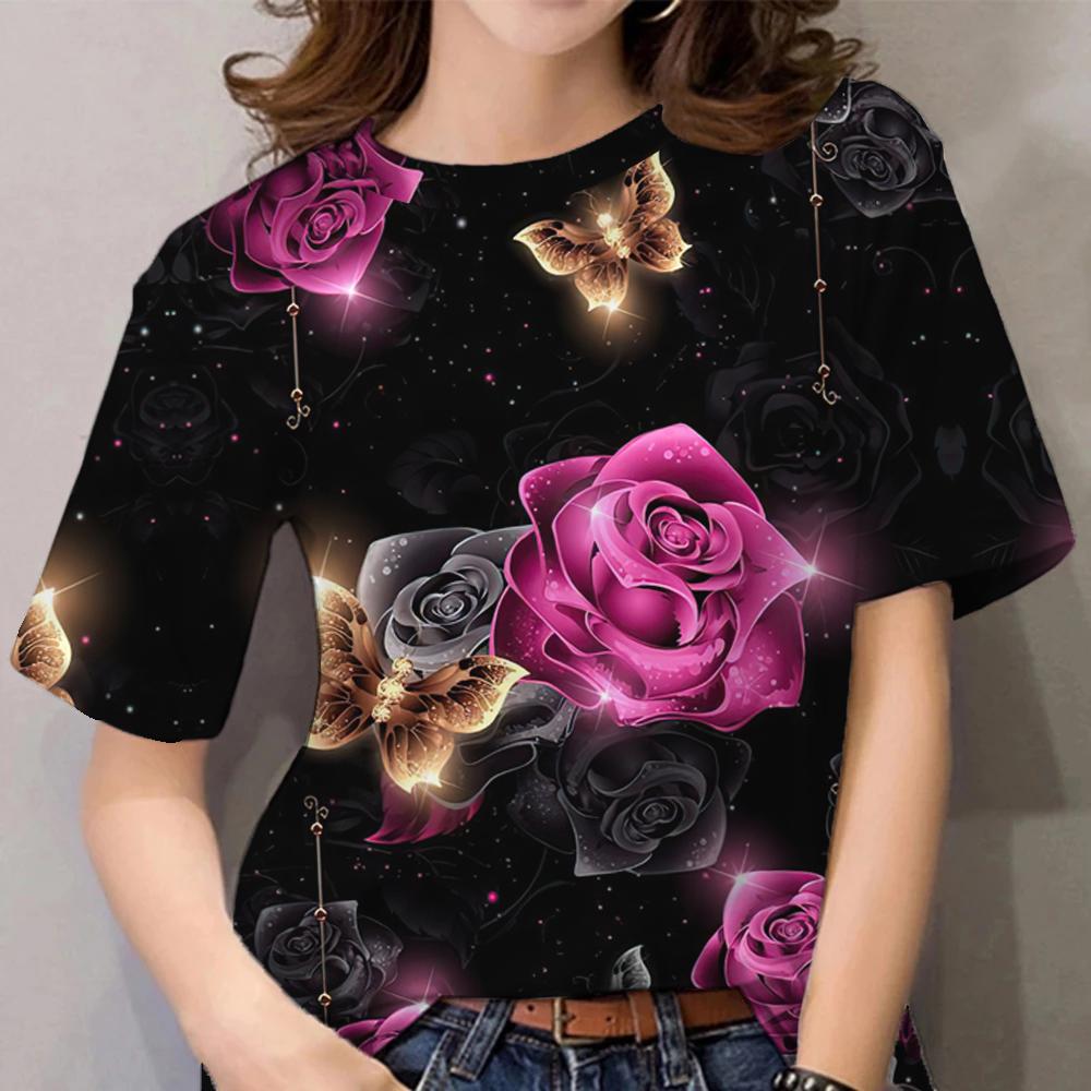 Женская футболка с цветочным принтом, одежда в стиле Харадзюку, повседневные футболки с коротким рукавом и круглым вырезом, повседневные блузки Y2k, топы больших размеров