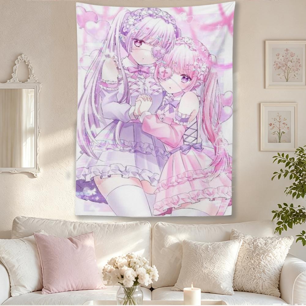 Kawaii Y2K Anime Style Pastel Girls Wall Tapestry Sweet Lolita Aesthetic Wall Hanging Polyester Home Room Decor