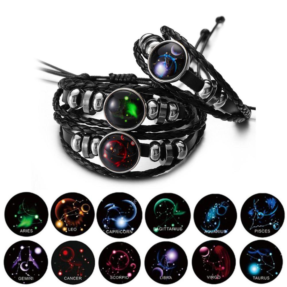 Adjustable Men Women 12 Constellation Zodiac Signs Bracelet Luminous  Braided Print Leather