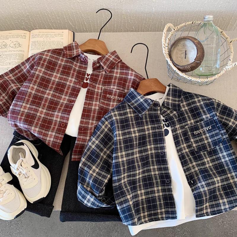 Boys Spring Autumn Plaid Long Sleeve Shirt Korean Casual Button Down Top For Kids