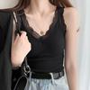 Women Thermal Vest Lace Trim Plush-lined V Neck Sleeveless Thread Solid Color Slim Fit Elastic with Chest Pads Layering