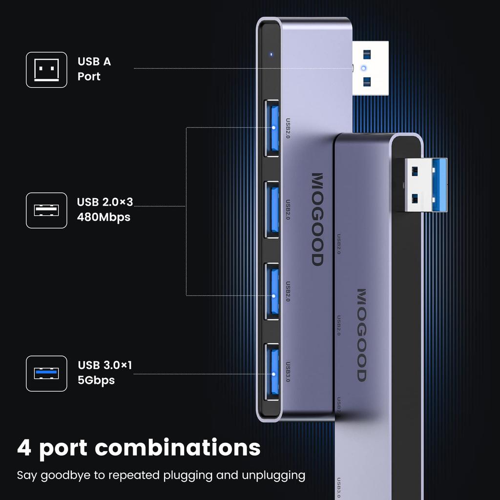 MOGOOD USB Hub USB Splitter USB Male Converter 4 USB Female Left Right Side Hub USB Hub Note Adapter for Laptops Compatible with Mac Mac Surface Pro