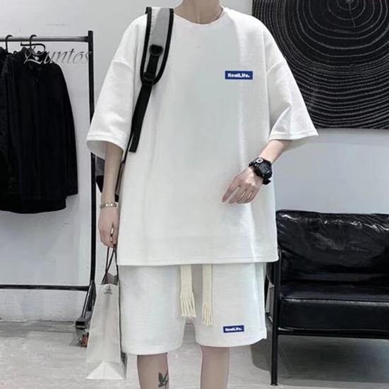 Мужской комплект из 2 предметов, повседневный спортивный костюм, шорты, летний свободный спортивный костюм с коротким рукавом, спортивный комплект, домашняя одежда с вафельной текстурой, подходящий костюм