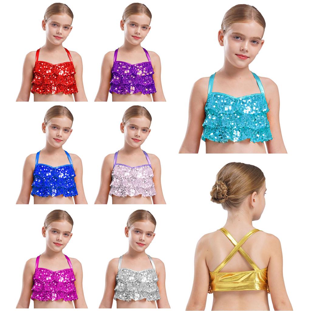 Girls Glittery Sequins Crop Top Tiered Ruffles Cross Back Metallic Camisole for Jazz Dance Performance