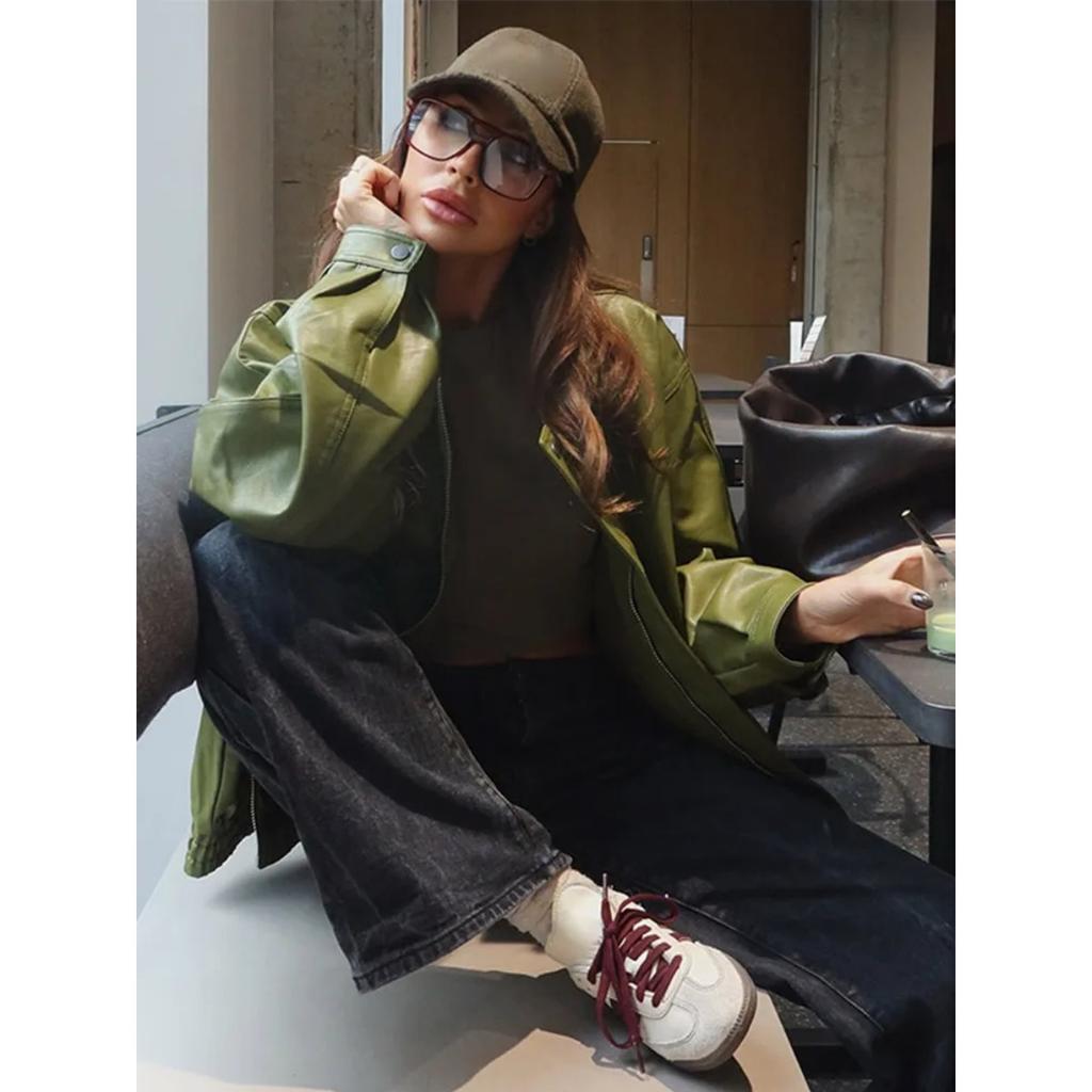 Оливково-зеленая кожаная куртка, пальто, силуэт, винтажный, уличный тренд, молния, лацкан, короткое пальто, свободный повседневный топ, верхняя одежда, осень