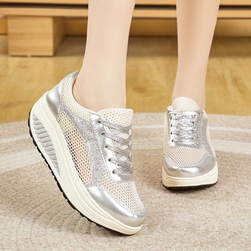 Women's Height Increase Gold Wedge Sneakers Summer Casual Thick Sole Loafers Girls Silver Minimalist Maternity Shoes