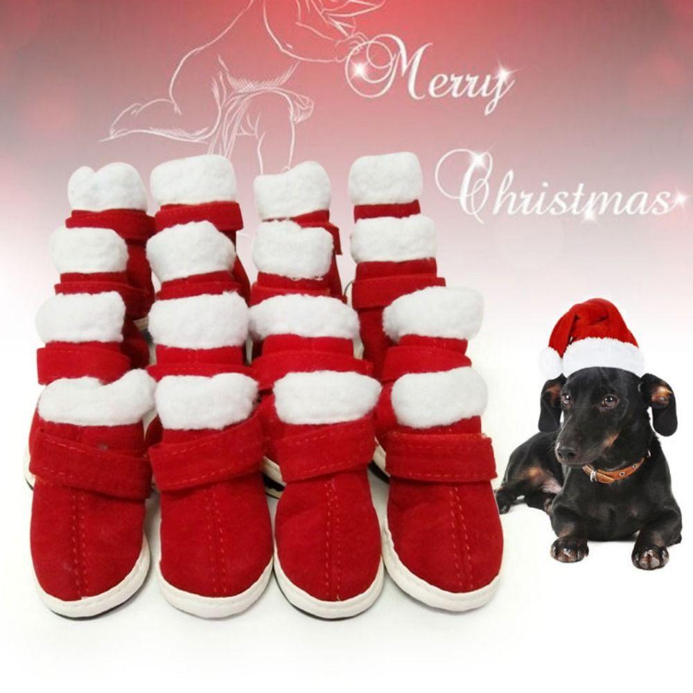 4 шт./компл. Ветрозащитные рождественские ботинки для собак, Теплые зимние ботинки для собак, Модные туфли для собак Санты, Рождество