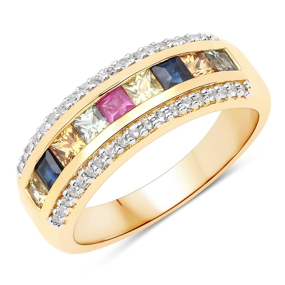 925 Sterling Silver Multi Color Sapphire Ring Gold Plated Princess Cut White Topaz Fine Jewelry Gift for Her