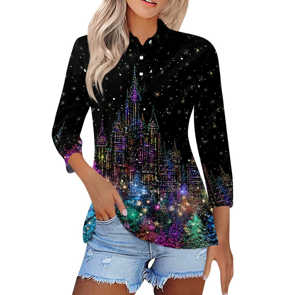 Women's Fashion Casual Lapel Short 3/4 Sleeve Christmas Print Shirt Women's Button Up Tops