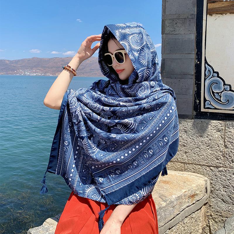 Summer cotton and linen feel scarf travel silk scarf sun protection air conditioner large shawl women's beach towel ethnic style scarf