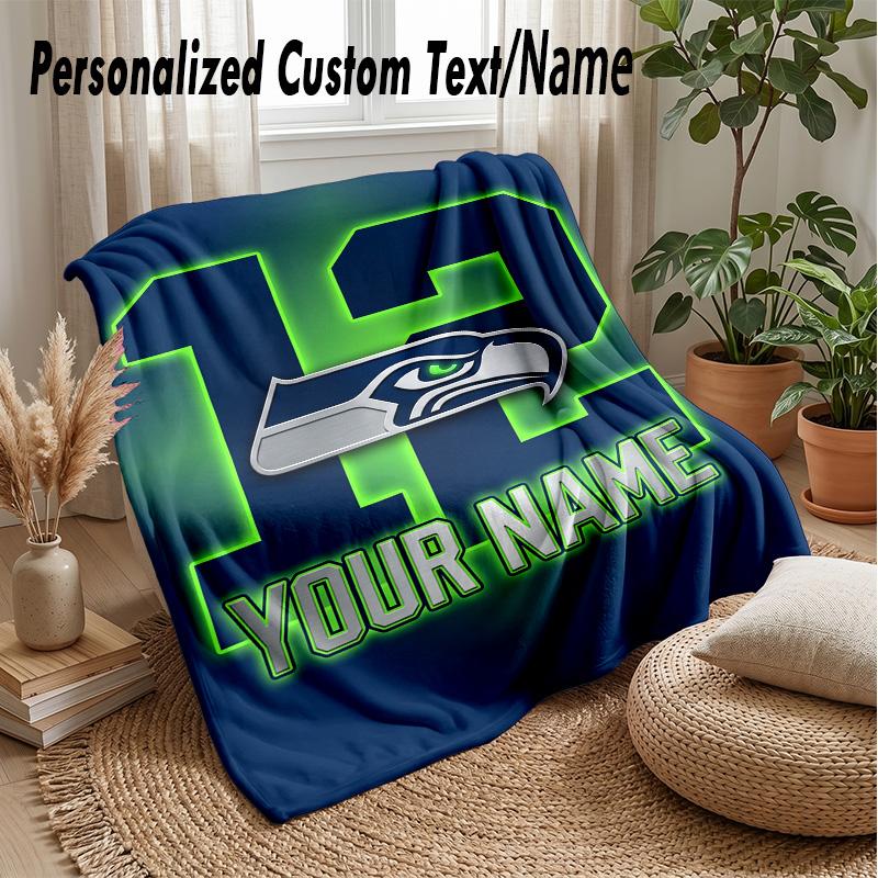 Seattle Seahawks Custom Flannel Throw Blanket Print Your Name Text Soft Warm Blanket Holiday Present