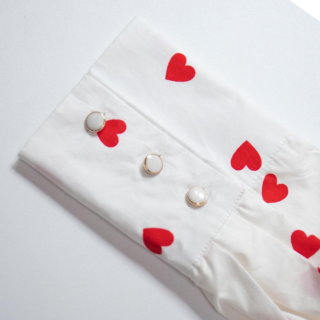 Spring and Autumn Women's Cotton Shirt Love Printed Shirt Doll Collar Lantern Sleeve Shirt