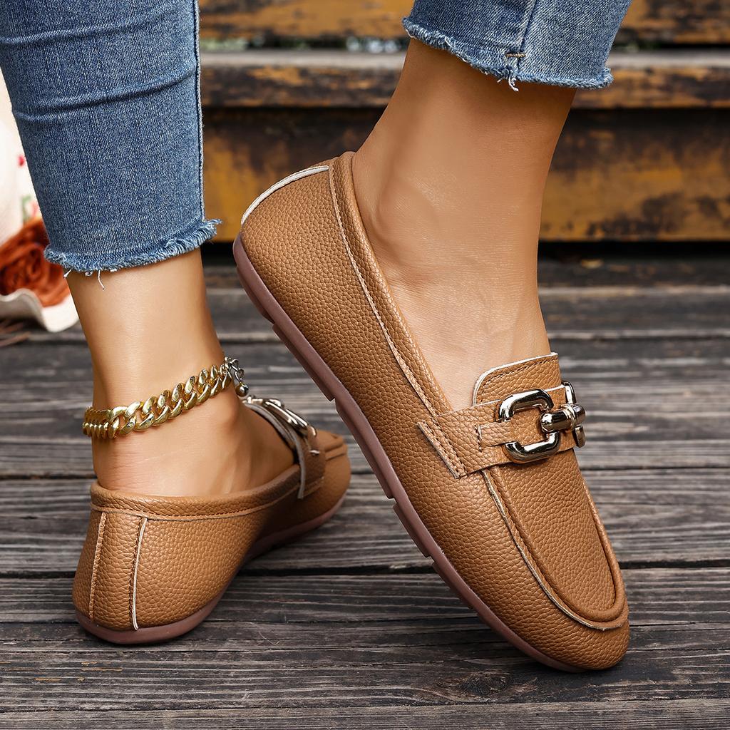 Модные женские повседневные туфли больших размеров, осенний новый стиль, круглый носок, неглубокие, с цепочкой, на плоской подошве, лоферы, женская обувь, размер 36-43