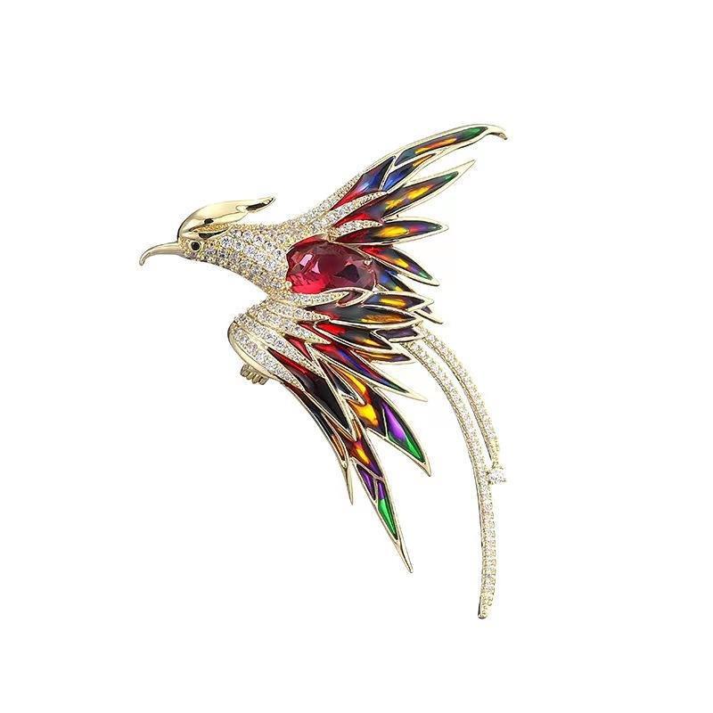 Elegant Phoenix Brooch with Rhinestones and Enamel - Colorful Long-tailed Pin Accessory
