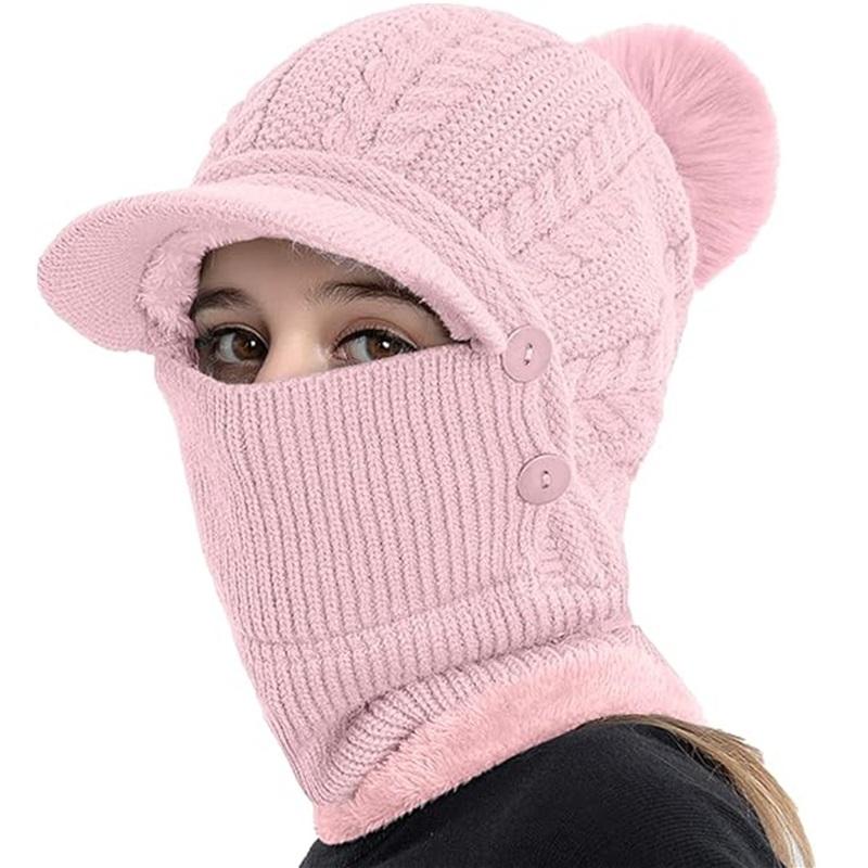 Женская зимняя утолщенная подкладка шапка термобалаклава капюшон шарф с козырьком вязаные шапки с помпоном