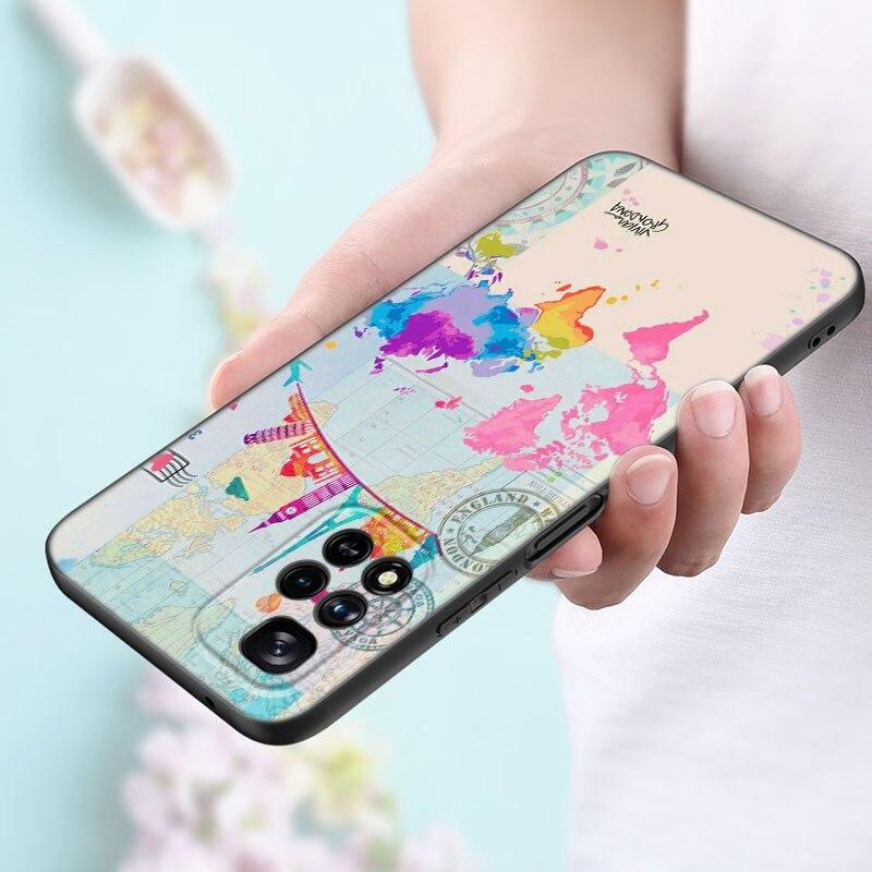 Чехол для телефона с картой мира для путешествий для Xiaomi Redmi Note 11 10 9 8 Pro 11T 5G 10T 10S 9S 9T 9i 9C 9A 8T, мягкий черный чехол из ТПУ