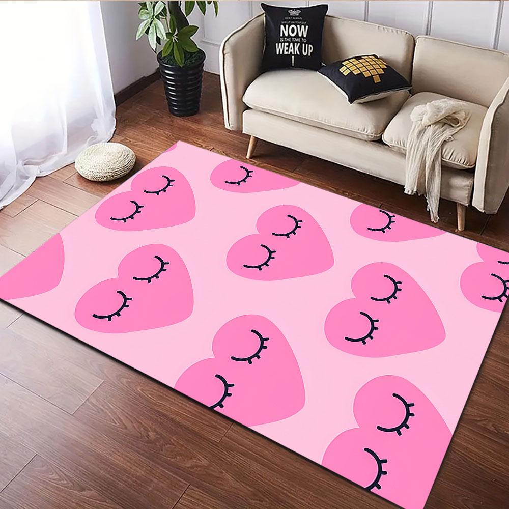 Pink Hearts with Sleeping Eyes Pattern Patterned carpet, suitable as a non slip play mat for the living room and bedroom sofa