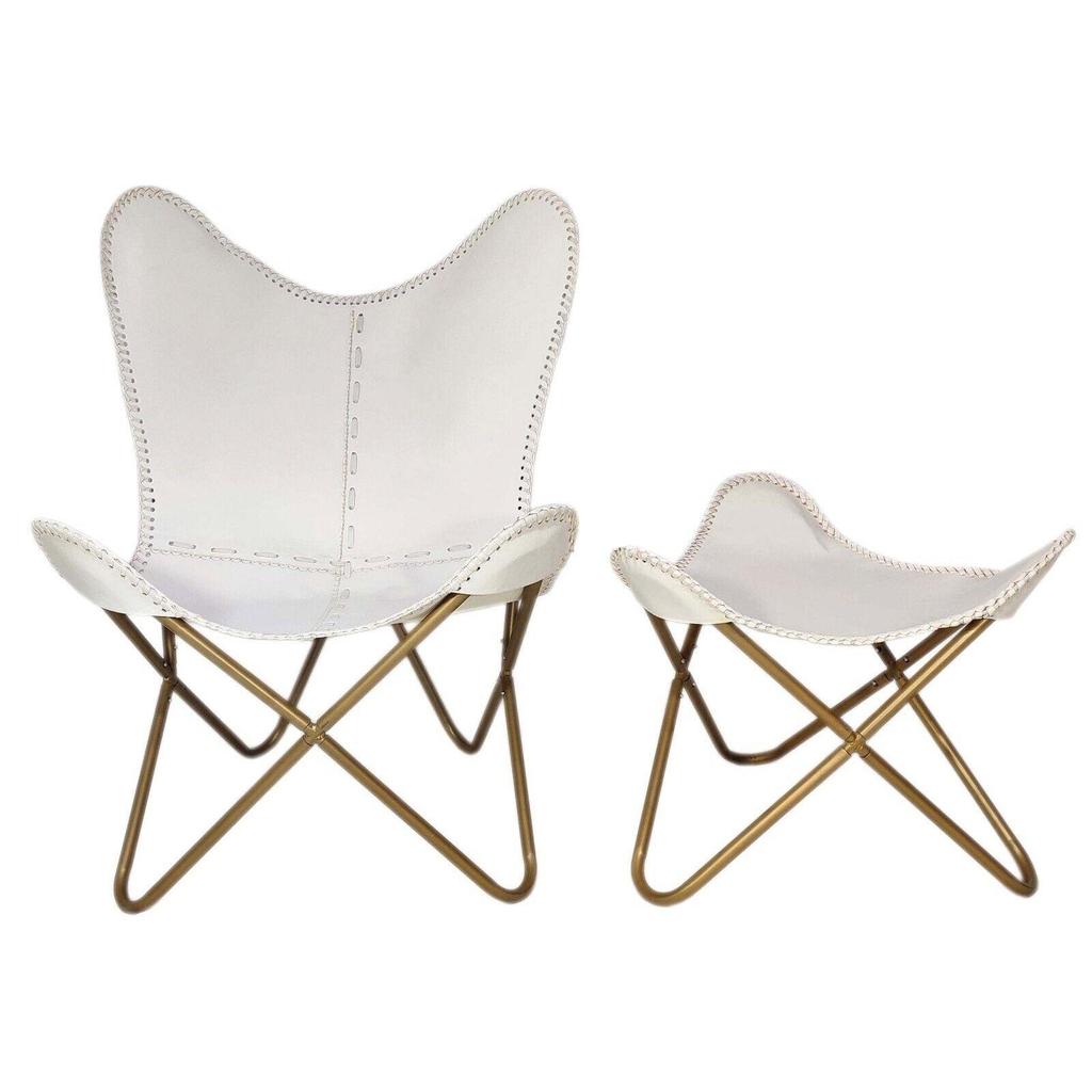 Кожаное кресло ручной работы «Бабочка» с османско-белым креслом/табуреткой для отдыха