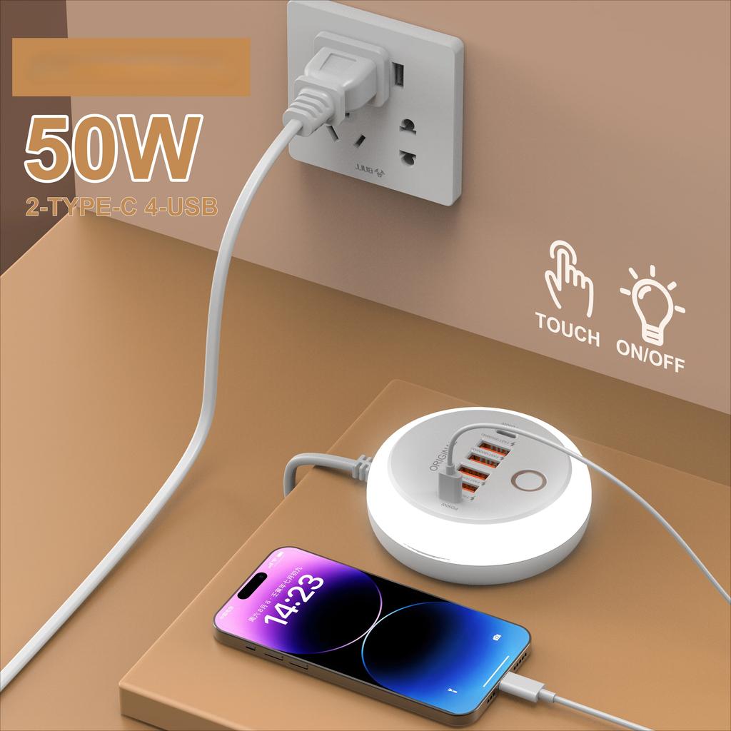 Сетевой фильтр 50 Вт с несколькими портами, розеткой USB Type-C, сенсорной подсветкой, быстрой зарядкой, телефонным адаптером для iPhone, Samsung, Xiaomi, зарядное устройство USB-C