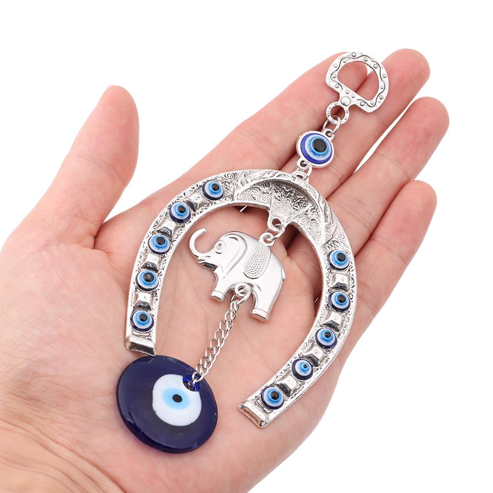 Glass Decoration Horseshoe with Elephant Hemp Rope Hanging Ornament Evil Eye Butterfly Navy Blue