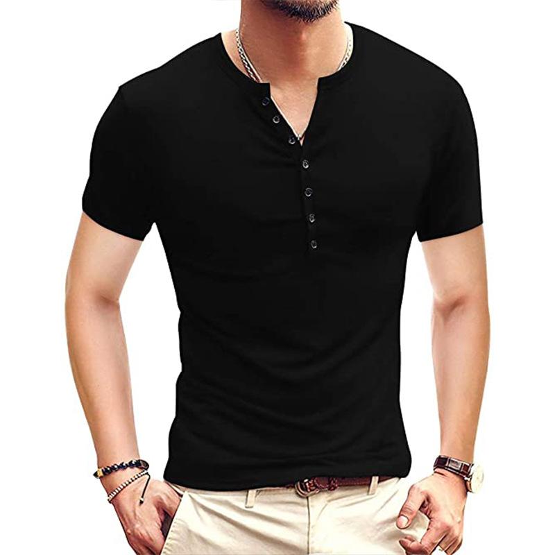 Men Henley Collar Short Sleeve Solid Color Slim Fit Button Placket Casual Basic T Shirt