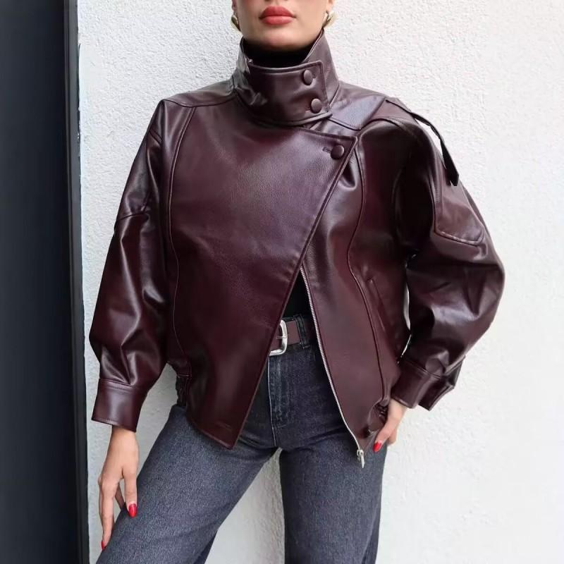 Womens Stand Collar Long Sleeve Faux Leather Jacket With Texture Streetwear Oversized PU Coat Fall 2026