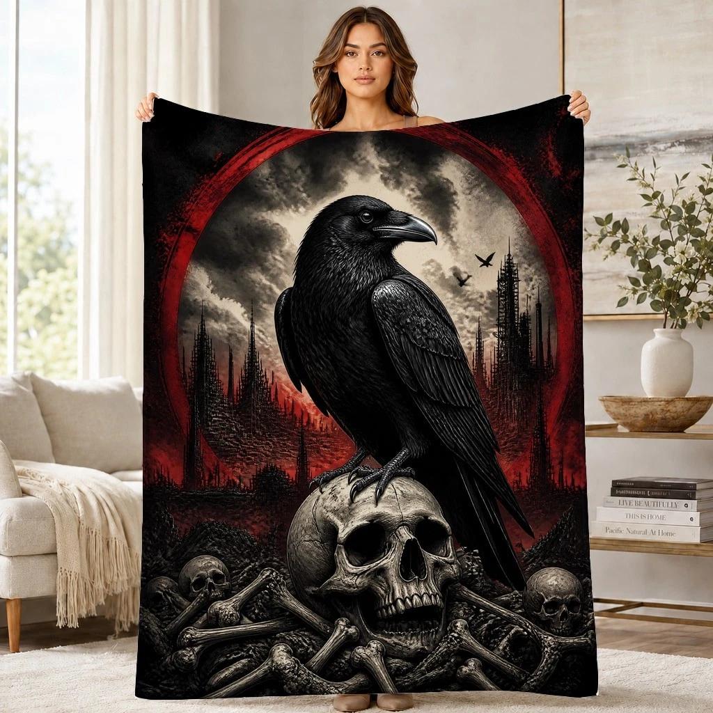 Raven Skull Bones Coral Fleece Blanket Dark Gothic Decor