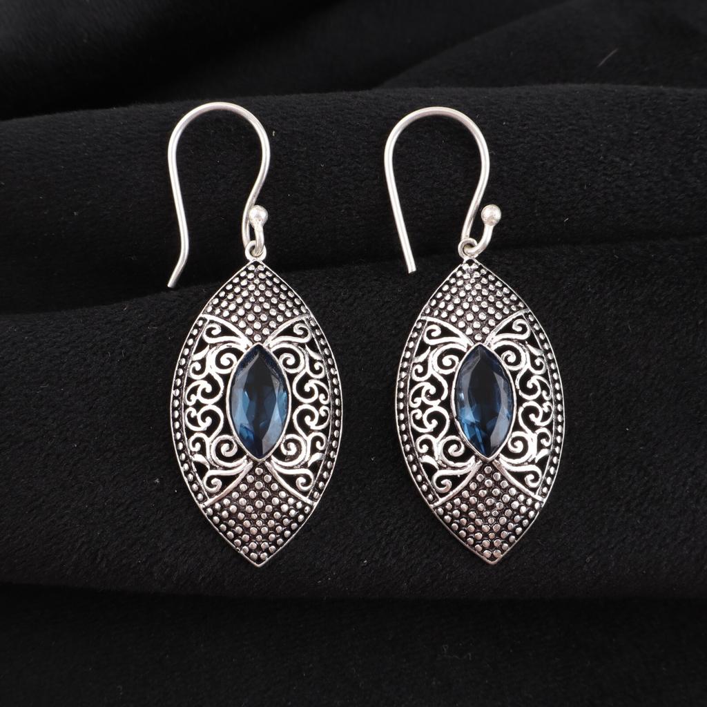 Лондонский голубой топаз Драгоценный камень 925 Стерлинговое серебро Ювелирные изделия Висячие серьги 2,15" CE-20-9